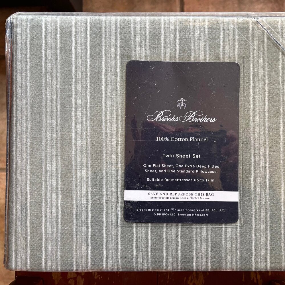 Brooks Brothers GRAY Stripes TWIN Size Turkish Cotton Flannel Sheet Set